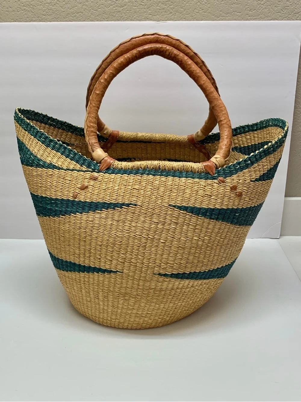 Handwoven Bolga Market Basket with Leather Wrapped Handles Large U Shopper